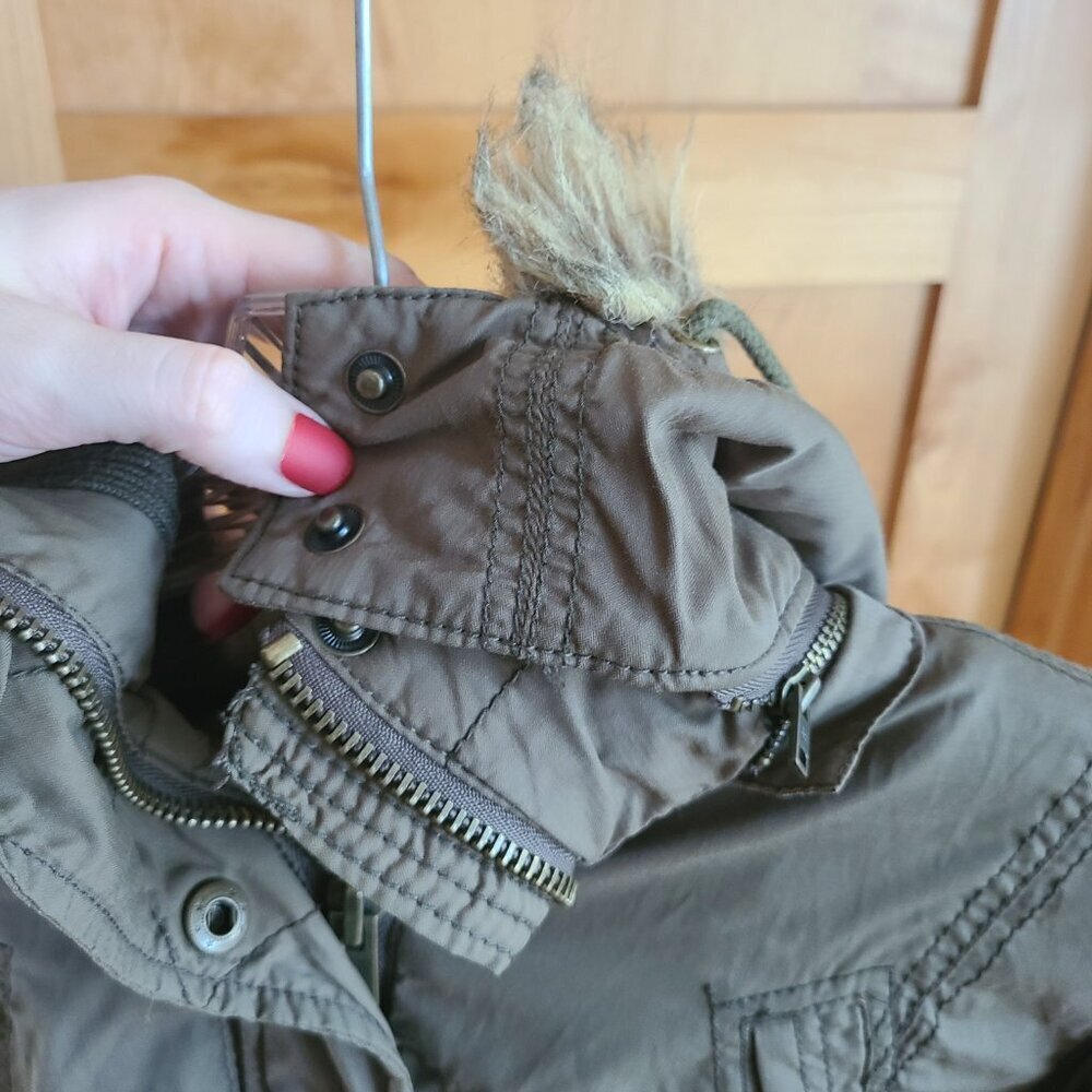 American Eagle Y2K Army Green Military Parka‎ Jacket Faux Fur Hood Sherpa MEDIUM - Picture 5 of 14